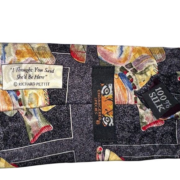 Vintage 90s Endangered Species ‘I Thought You Said She’d Be Here’ Fish Silk Tie - Picture 3 of 7